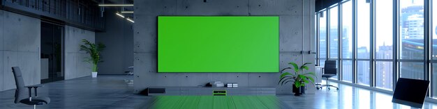 Fotografia de uma televisão com tela verde horizontal na sala de reuniões do Modern Office