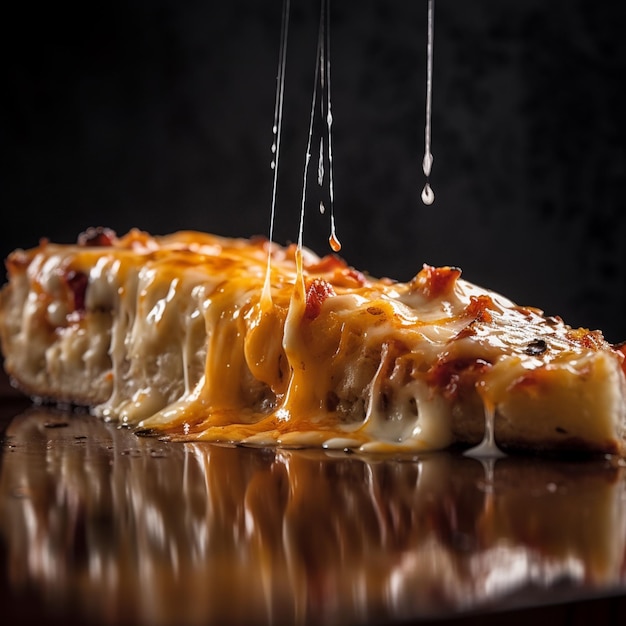 Fotografia de uma tentadora fatia de pizza de amante de carne carregada com coberturas variadas e queijo saboroso