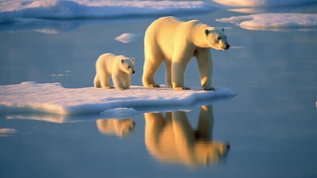 fotografia de urso polar com filhote em uma banheira de gelo lente telefoto luz matinal realista