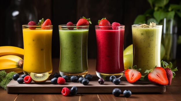 Fotografia de vários smoothies de frutas frescas com bagas kiwi e verdes em uma mesa