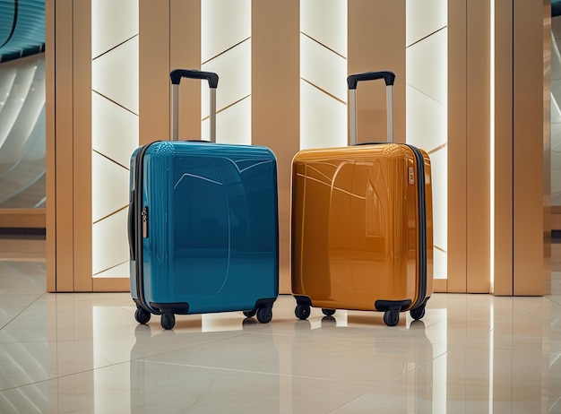 Fotografia de viagem em close-up de duas malas de plástico de pé no corredor vazio do aeroporto Bolsas de bagagem elegantes à espera no hall do terminal criadas com tecnologia de IA generativa