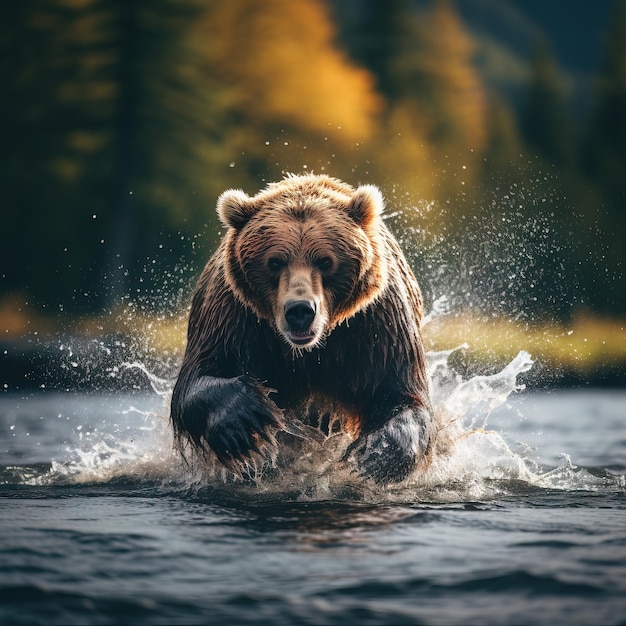 Fotografia de vida selvagem de um urso pescando no rio