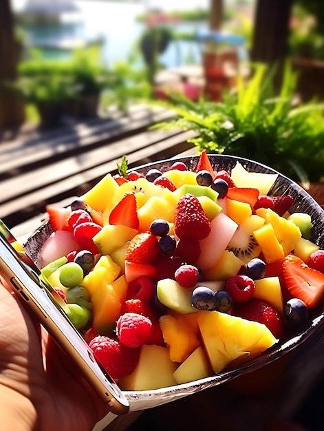 fotografía de la deliciosa esencia de una colorida ensalada de frutas