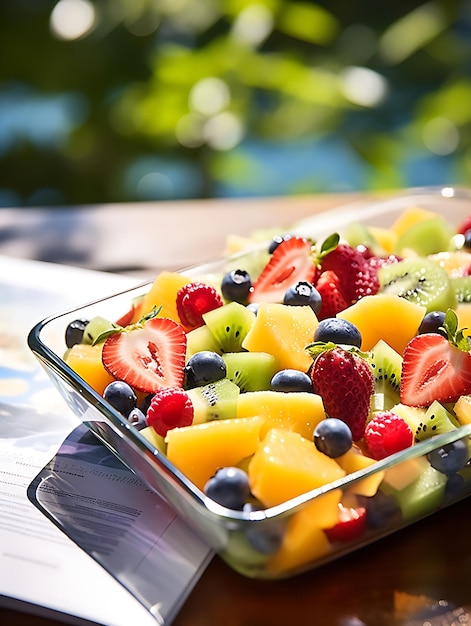 fotografía de la deliciosa esencia de una colorida ensalada de frutas