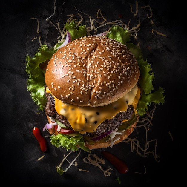 Fotografía de una deliciosa hamburguesa desde una perspectiva aérea que muestra sus apetitosos ingredientes