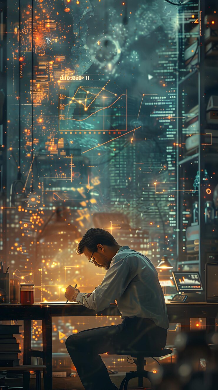Foto fotografía de desarrollador realista escribiendo código con gráfico de objetivos en tecnología de fondo soñadora y negocios
