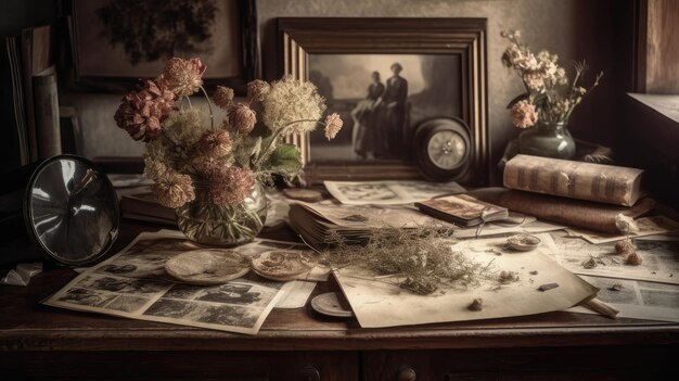 Una fotografía descolorida descansa sobre una mesa antigua.