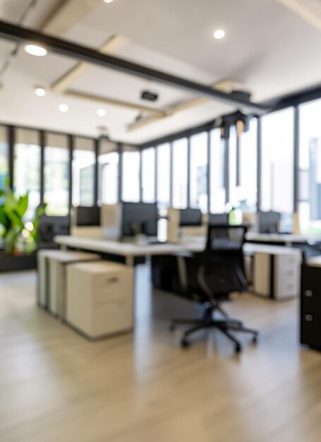 Fotografia desfocada de fundo de escritório moderno vazio em design de interiores de espaço de trabalho no centro da cidade