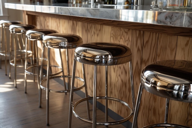 Fotografia detalhada de banquinhos de bar e balcão cromados criados com AI gerativa