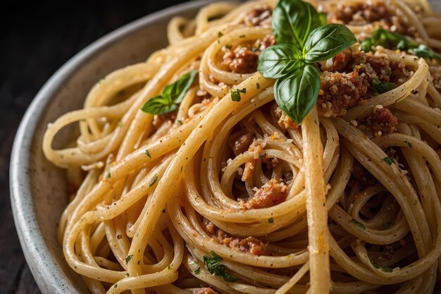 Fotografia detalhada de massa de espaguete cozida