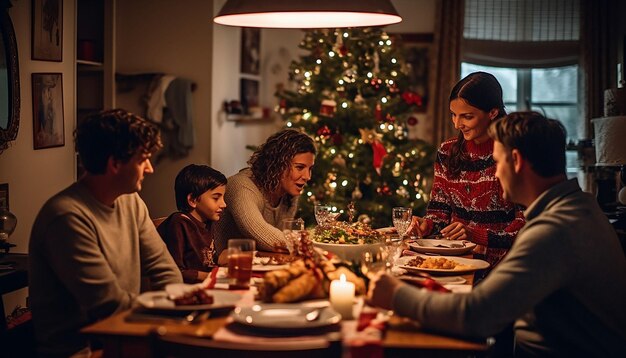 Foto fotografia detalhada de uma família tendo jantar de natal ao redor da mesa