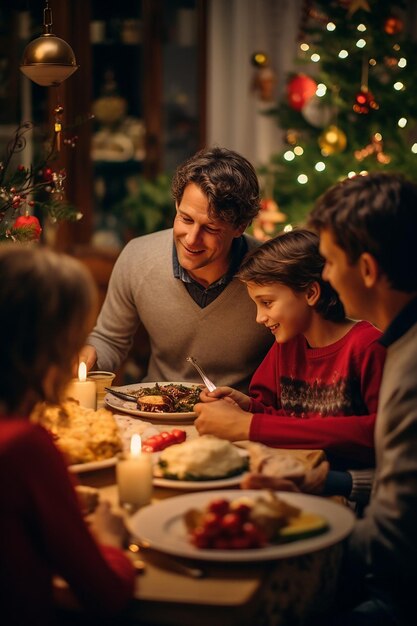 Foto fotografia detalhada de uma família tendo jantar de natal ao redor da mesa