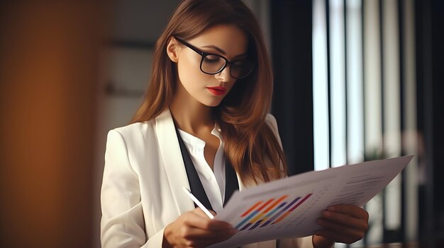 Foto fotografia detalhada de uma mulher de negócios revisando relatórios financeiros