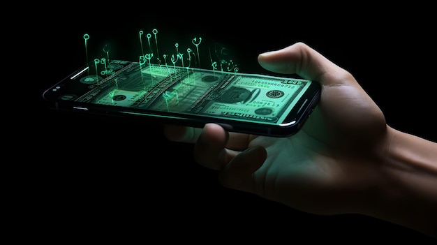 Fotografia detalhada de uma transferência de dinheiro digital do smartphone para a mão