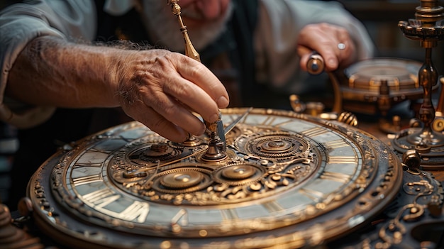 Fotografia detalhada focando na cuidadosa restauração de relógios antigos mostrando a precisão