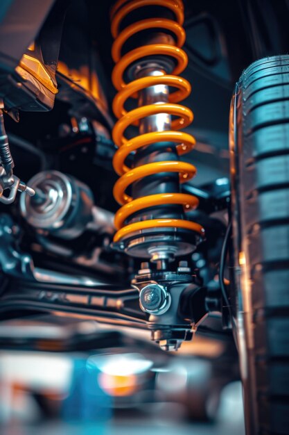 Foto una fotografía detallada de un amortiguador de motocicleta esta imagen se puede utilizar para ilustrar conceptos como las piezas de mantenimiento de vehículos, motocicletas o la industria automotriz