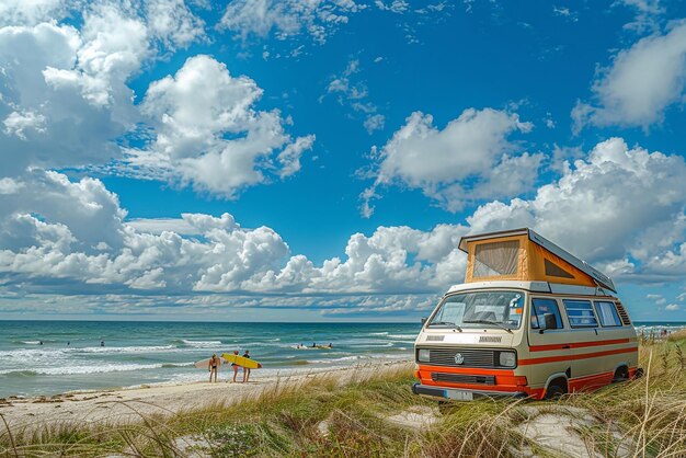 Foto una fotografía detallada de una camioneta en un viaje por carretera de verano estacionada cerca de una playa con surfistas en el fondo y un cielo azul brillante