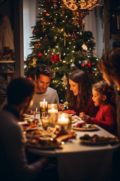 fotografía detallada de una familia teniendo la cena de Navidad alrededor de la mesa
