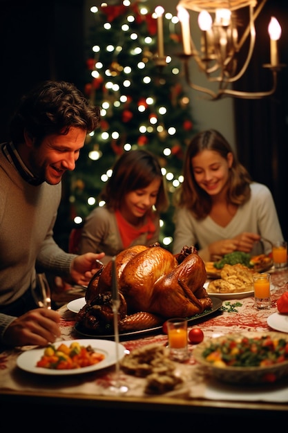Foto fotografía detallada de una familia teniendo la cena de navidad alrededor de la mesa