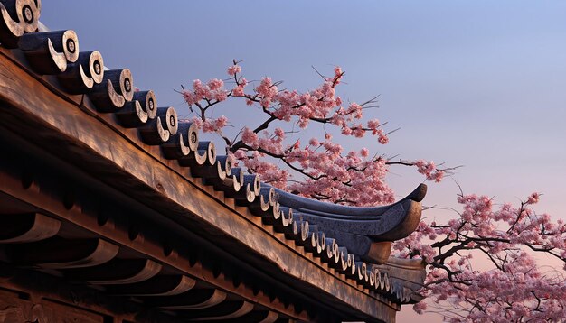 Foto fotografía detallada con flores de cerezo al crepúsculo