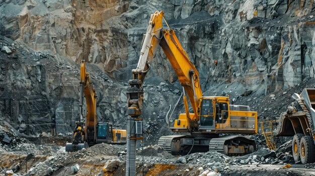 Fotografía detallada de las herramientas de minería de diamantes, incluidos los taladros y las excavadoras en el trabajo