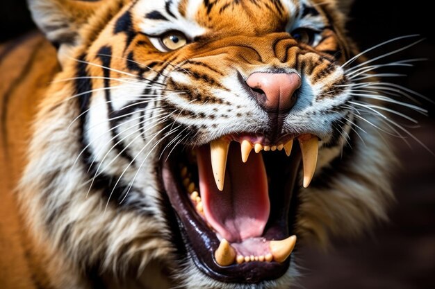 Fotografía detallada de los largos y afilados colmillos de un tigre
