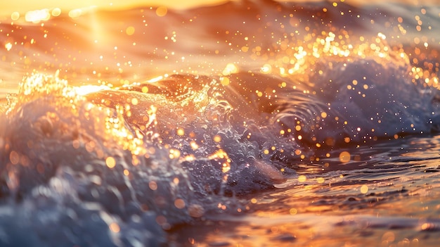 Fotografía detallada de las olas del mar de la mañana con la luz del sol brillante playa iluminada por la puesta de sol bokeh