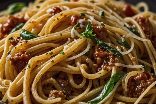 Fotografía detallada de la pasta de espagueti cocida