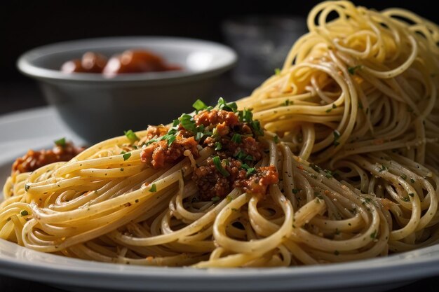Fotografía detallada de la pasta de espagueti cocida