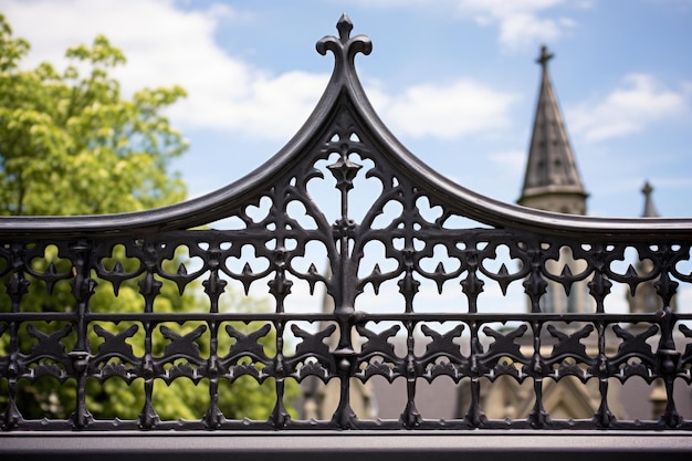 Fotografía detallada de piezas de hierro ornamentales en un parapeto de renacimiento gótico