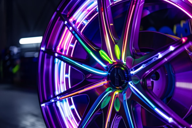 Fotografía detallada de una rueda con luces de neón personalizadas