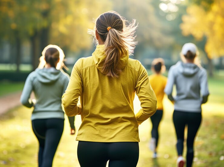 Fotografía detrás de la vista de un grupo de mujeres corriendo en un parque en ropa deportiva