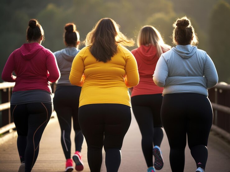 Fotografía detrás de la vista de un grupo de mujeres corriendo en un parque en ropa deportiva