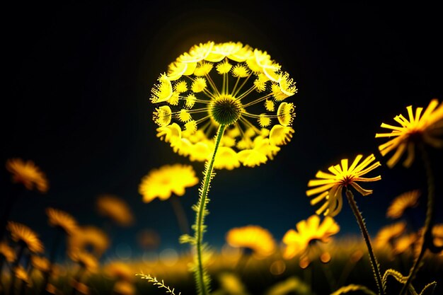 Fotografía de diente de león viendo el amanecer y el atardecer a través de las flores de diente de león tan hermosas