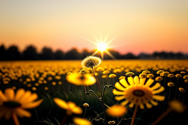 Fotografía de diente de león viendo el amanecer y el atardecer a través de las flores de diente de león tan hermosas