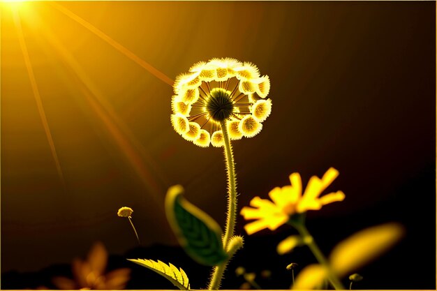 Fotografía de diente de león viendo el amanecer y el atardecer a través de las flores de diente de león tan hermosas