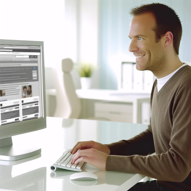 Foto una fotografía digital de un programador masculino trabajando en un entorno de oficina él está sonriendo y mirando