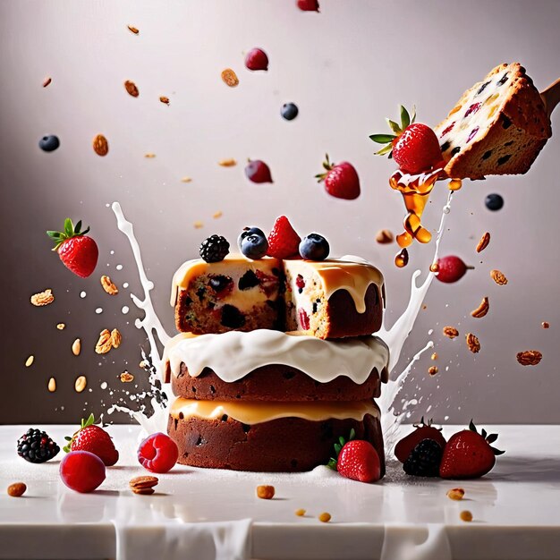 Fotografía dinámica de alimentos con pasteles de frutas frescas