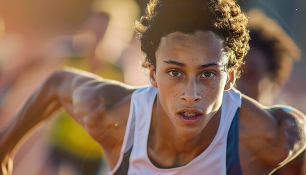 Foto fotografia dinâmica de um menino adolescente correndo rápido em um campo de atletismo