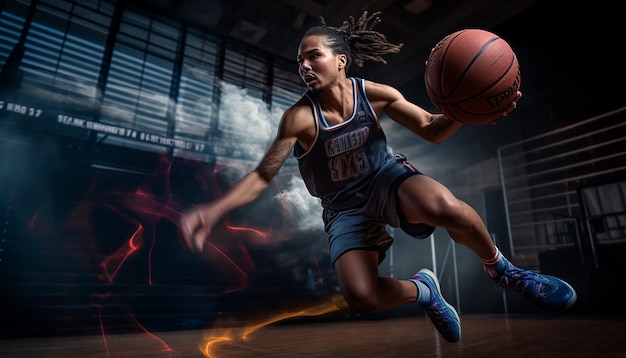 Fotografía dinámica editorial de baloncesto en acción.