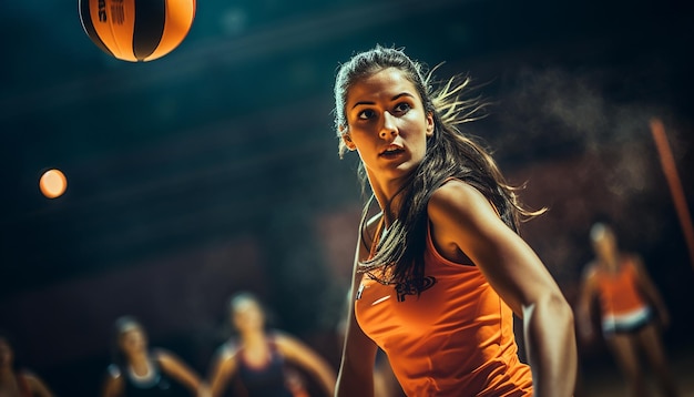 Fotografía dinámica editorial de voleibol femenino.