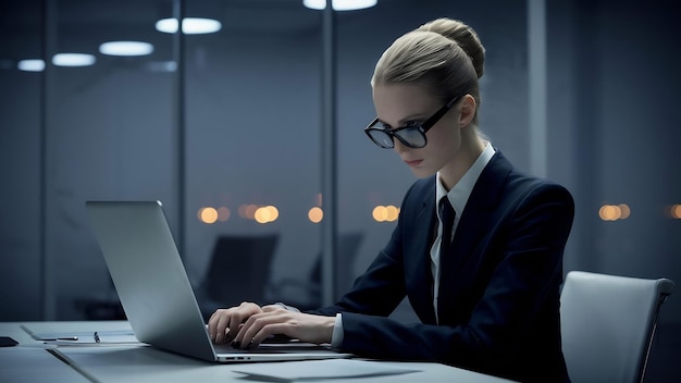 Foto fotografía disfrazada de una mujer de negocios trabajando en una computadora portátil en la oficina