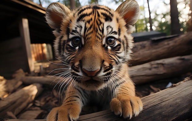 Fotografía divertida de selfie de tigre bebé de cerca