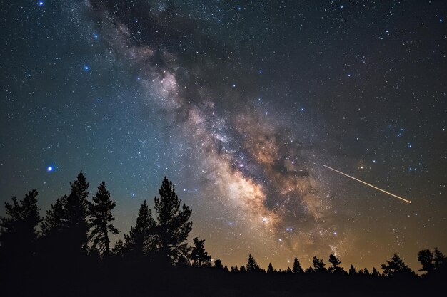 Fotografia do céu noturno capturando chuvas de meteoros ou auroras