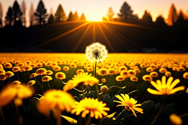 Foto fotografia do dente-de-leão observando o nascer e o pôr do sol através das flores-leão tão lindas