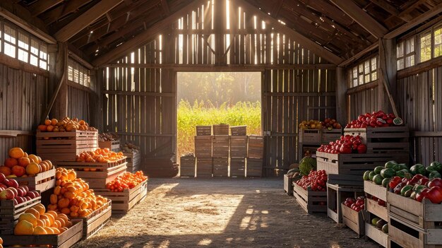 Fotografia do interior de um celeiro com caixas cuidadosamente empilhadas de produtos recém-colhidos