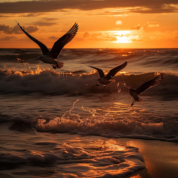 Foto fotografia do pôr do sol com serenata à beira-mar com gaivotas voando alto