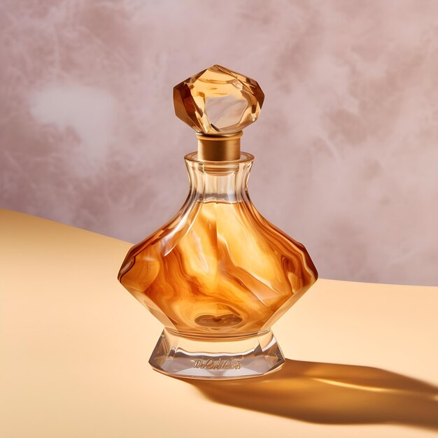 Fotografia do produto um frasco de perfume em um fundo bege claro limpo