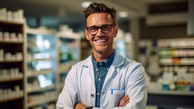 fotografia do retrato sorridente de um farmacêutico bonito em uma farmácia