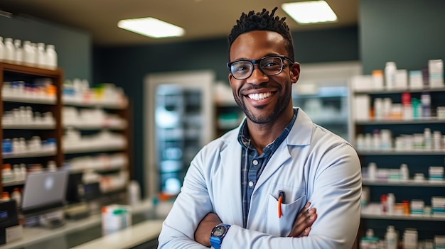 fotografia do retrato sorridente de um farmacêutico bonito em uma farmácia